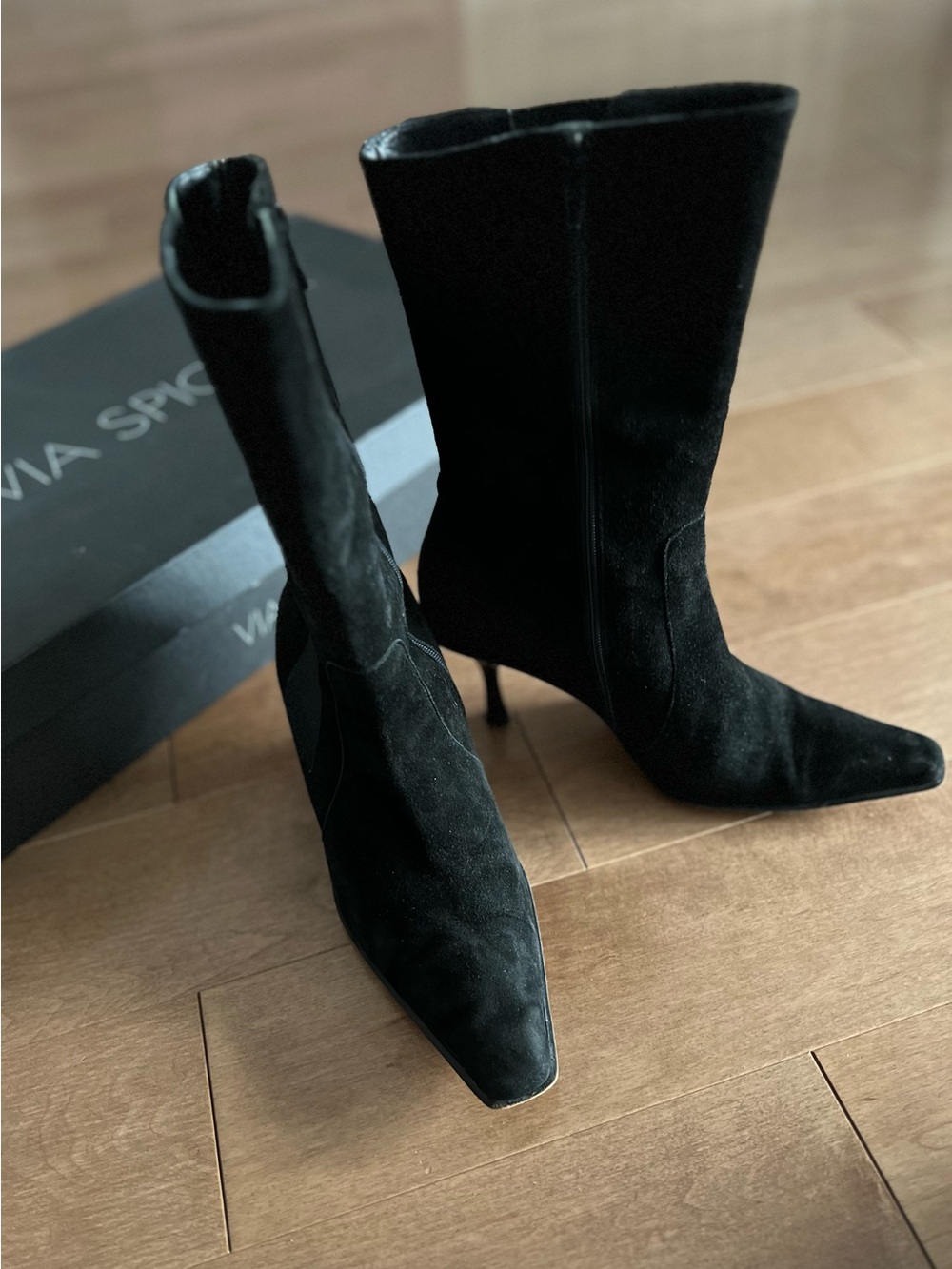 Via Spiga Made in Italy Black Suede Square Toe Kitten Heel Mid Calf Boots 37 7